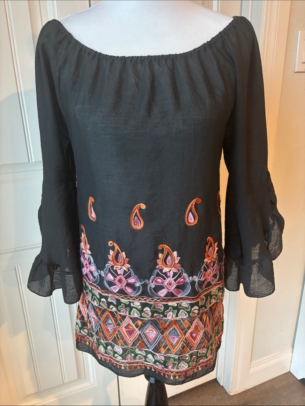 Black Boho Embroidered Tunic with Pink & Orange Accents